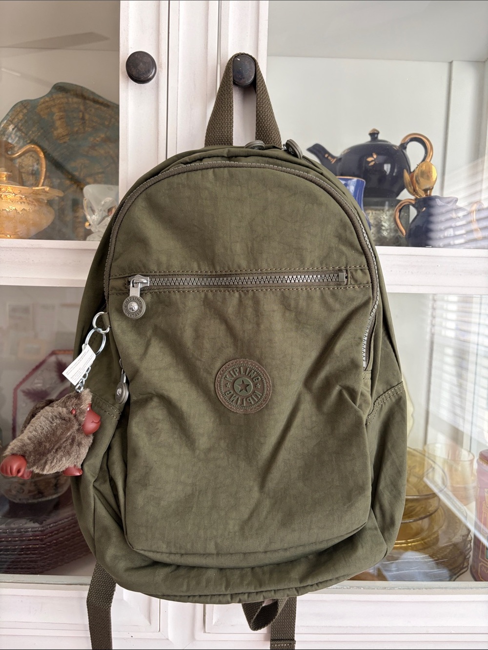 Kipling Olive Green Everyday Backpack with Monkey Keychain